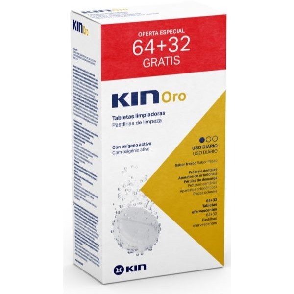 Kin Oro Tabletas Limpiadoras Limpieza Protesis Dental 64 + 32 Tabletas Promo