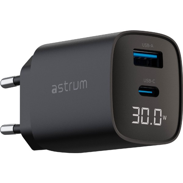 Astrum watz30l negro / adaptador de corriente con pantalla led integrada / 20w / usb-a + usb-c / pd gan